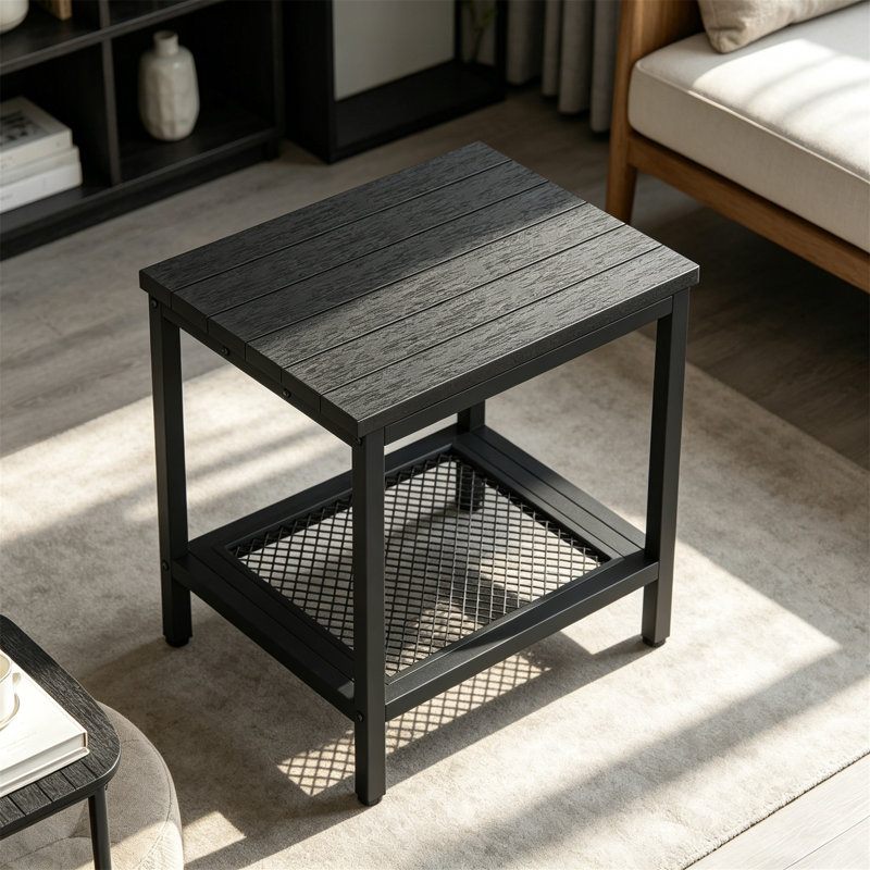 2-Tier Weather Resistant Outdoor Side Table with Storage, Black