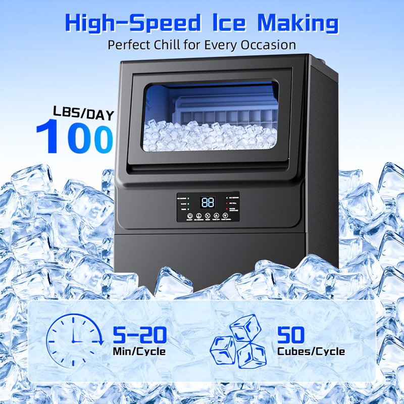 13,58 po, 100 lb Machine à glaçons commerciale autoportante / encastrée en acier inoxydable noir avec 2 entrées d'eau