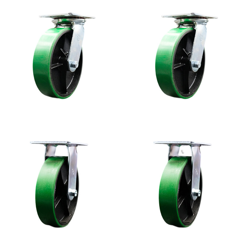 8 Inch Poly on Cast Iron Caster Set with Roller Bearing 2 Swivel Lock 2 Rigid