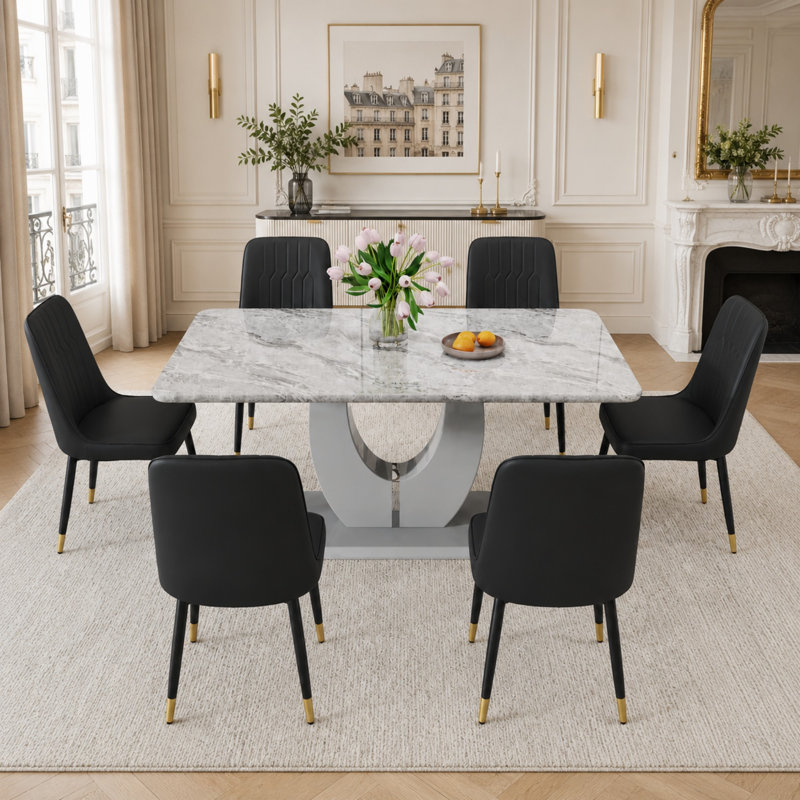 Modern 7-Piece Dining Set with Faux Marble Table and 6 Upholstered Faux Leather Chairs, White/Brown, Gray
