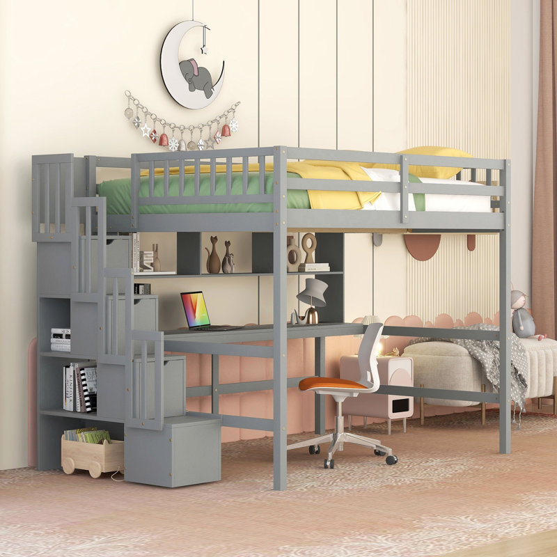 Lit mezzanine double avec bureau, tablettes de rangement et escalier, cadre de lit gris pour chambre d'enfant, Gris