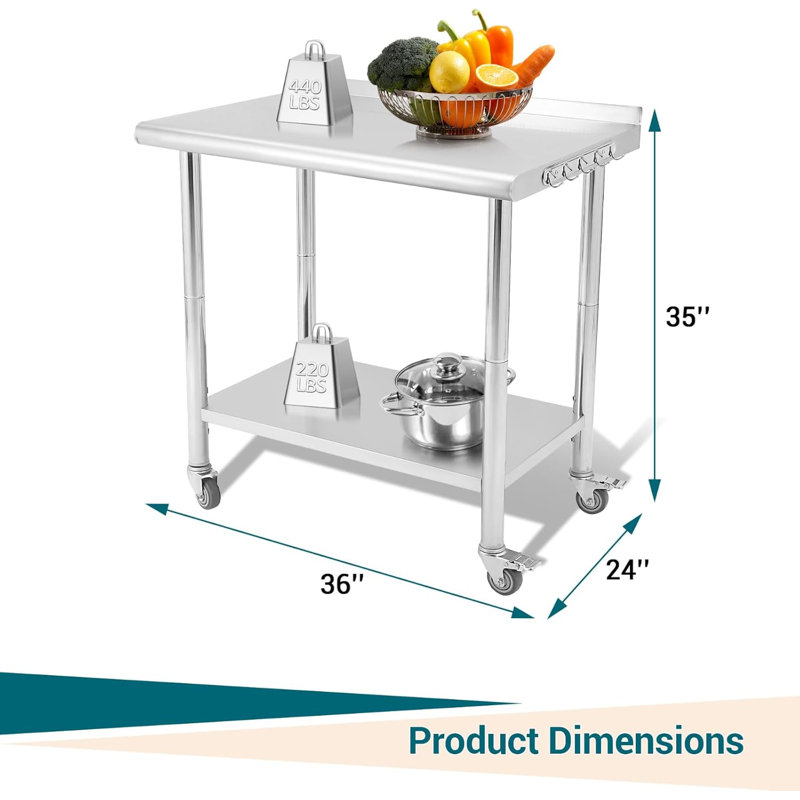 Table de préparation en acier inoxydable de 36 po x 24 po avec roues verrouillables, tablette réglable, dosseret et crochets à outils pour la cuisine, le restaurant, le garage et l'entrepôt, bord droit