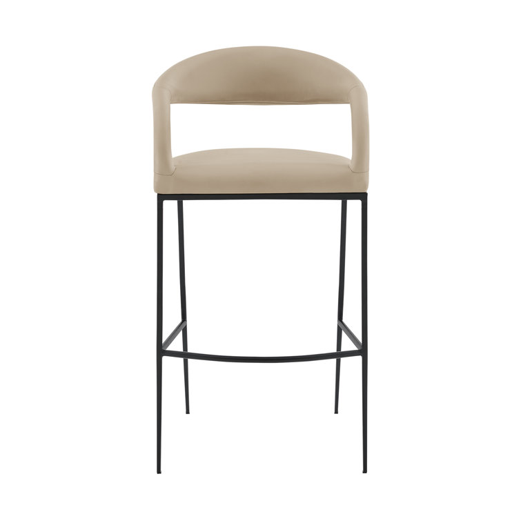 Ramona Modern Counter or Bar Height Barstool with Arms and Open Low Back in Iron Frame and Faux Leather