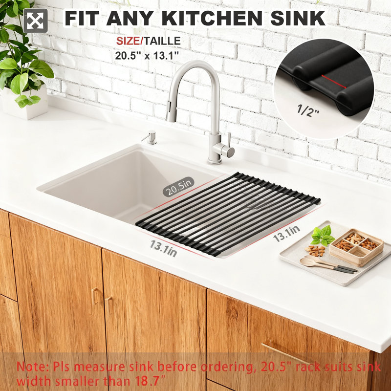 Silicone Roll-Up Over The Sink Dish Drying Rack & Mat, Heat-Resistant Non-Slip Multipurpose Foldable Drainer For Kitchen Countertop Organization