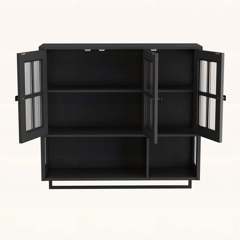 3 portes en bois avec rangement ouvert et caché, porte en verre, barre à serviettes, Noir
