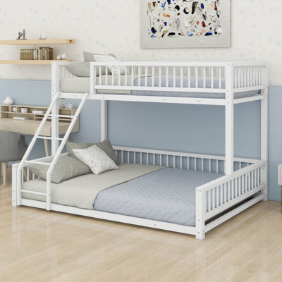 Twin XL Over Queen Floor Bunk Bed With Ladder, Metal Bunk Bed Frame With Safety Guardrails, Modern Metal Beds Frame