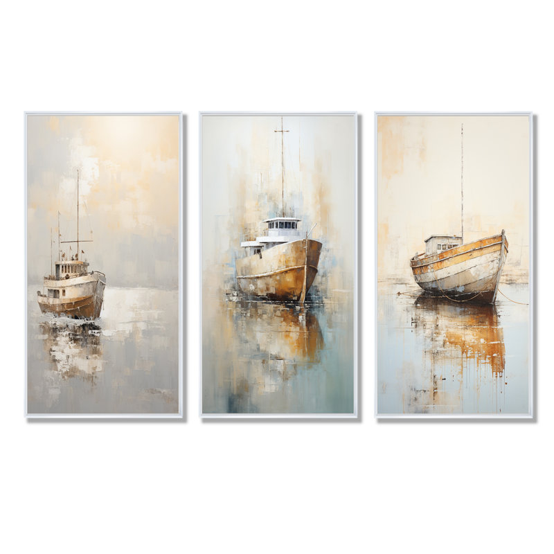 Minimalisme, bateau de pêche, horizon, Cadre flottant blanc, H 32 po x l 48 po