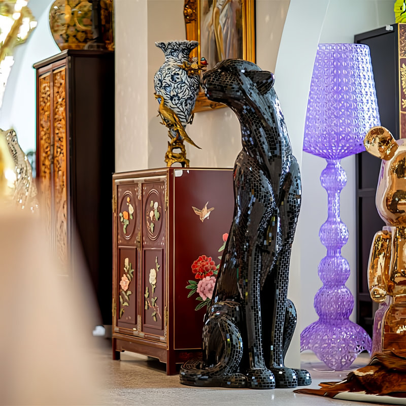 Crystal Jaguar Statue Black Glass Finish - Left , Black