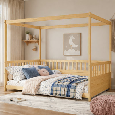 Cadre de lit à baldaquin pleine grandeur avec garde-corps pour enfants, conception à baldaquin, lit au sol Montessori, idéal pour créer un espace de sommeil magique et sécuritaire