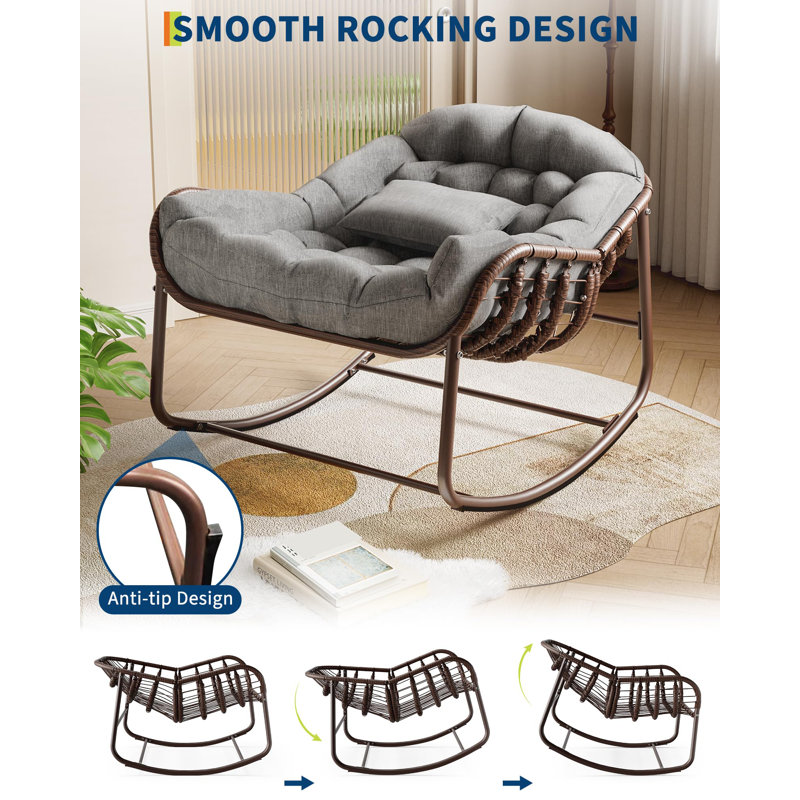 Chaise berçante d'extérieur, chaise longue surdimensionnée en osier avec coussin et structure en métal, Gris
