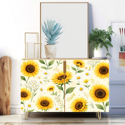 Buffet étroit de 35,4 po de largeur - armoire de rangement décorative à 2 portes avec tournesols sans soudure à motif aquarelle dessinés à la main et pieds en métal