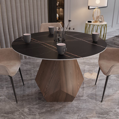 Gwinn Modern Round Dining Table With Glass/Sintered Stone Top And Walnut Ash Wood Pedestal Base For Dining Room, Kitchen, Breakfast Nook