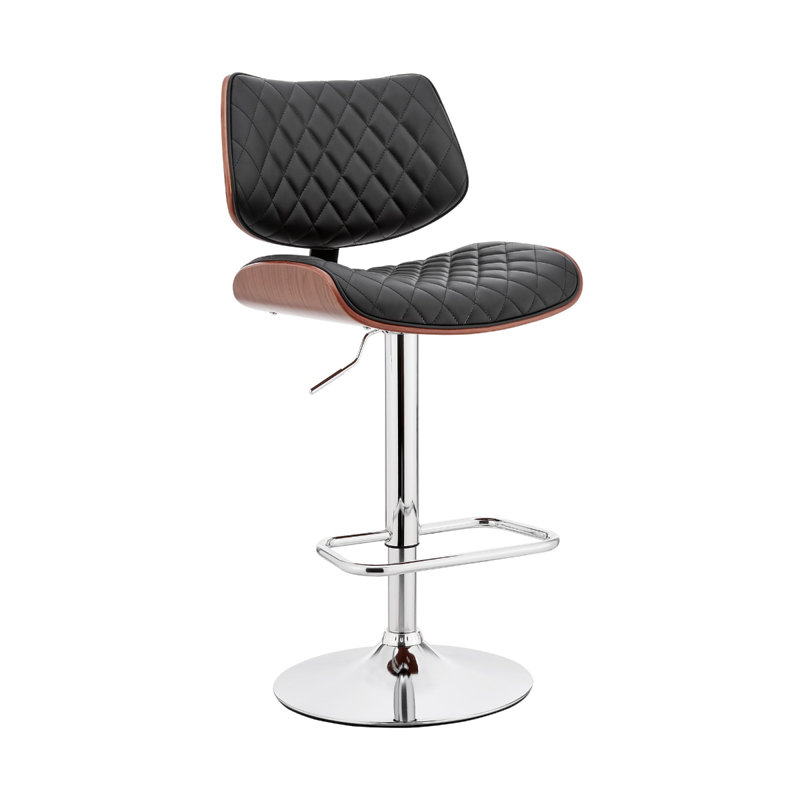 Attie Swivel Adjustable Height Armless Bar Stool with Pedestal Base in Faux Leather and Metal, Chrome, Black