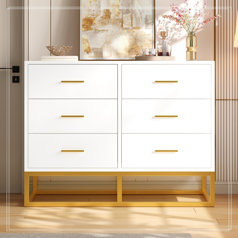 Commodes décoratives avec 6 tiroirs et pieds en métal, Blanc
