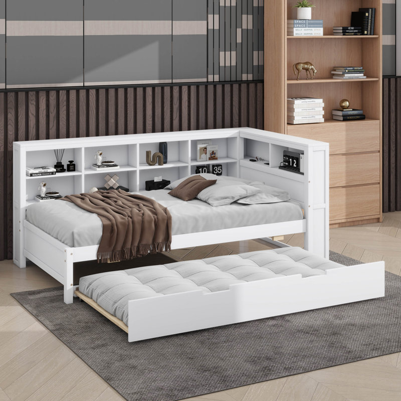 Wooden Twin Size Daybed With Twin Pull-Out Bed, Daybed Complete With Storage Shelf And USB Ports, Twin, White