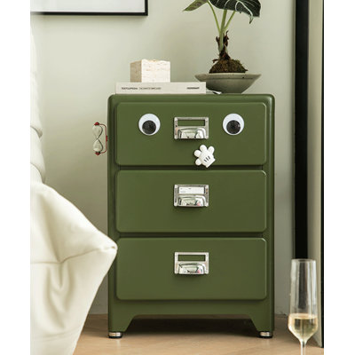 Minimalist Style Olive Green Metal Nightstand with Smooth Drawer Rails for Bedroom