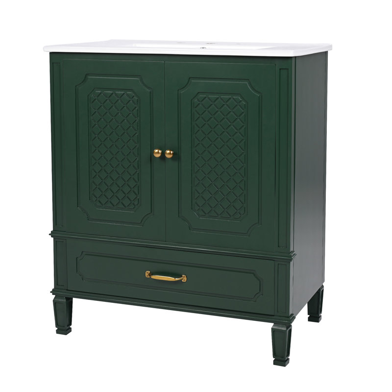 Meuble-lavabo vintage avec lavabo, rangement et fabrication durable, Vert foncé, Doré