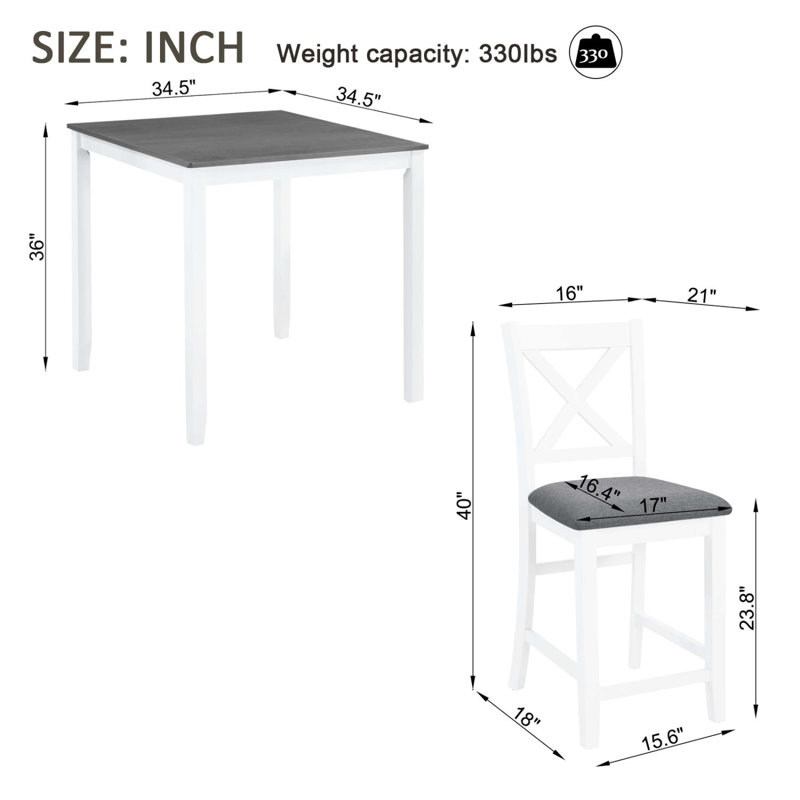 Ensemble de table de salle à manger à hauteur de comptoir 5 pièces avec 4 chaises rembourrées, ensemble de table carrée en bois pour 4