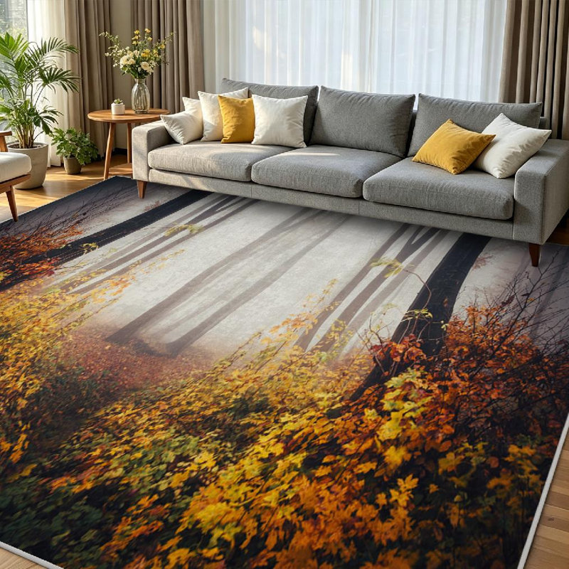 Tapis intérieur jaune lavable à la machine, motif paysage symétrique surréaliste, Rectangle 71" x 98"