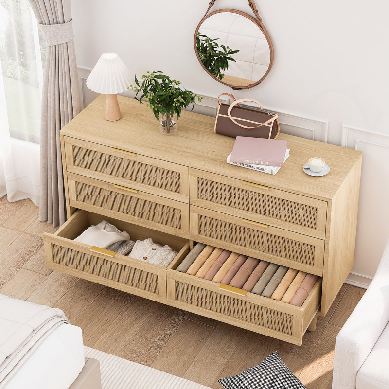 Armoire de rangement 59,6 po à 6 tiroirs avec tiroir en rotin, pour chambre à coucher et salon, Naturel