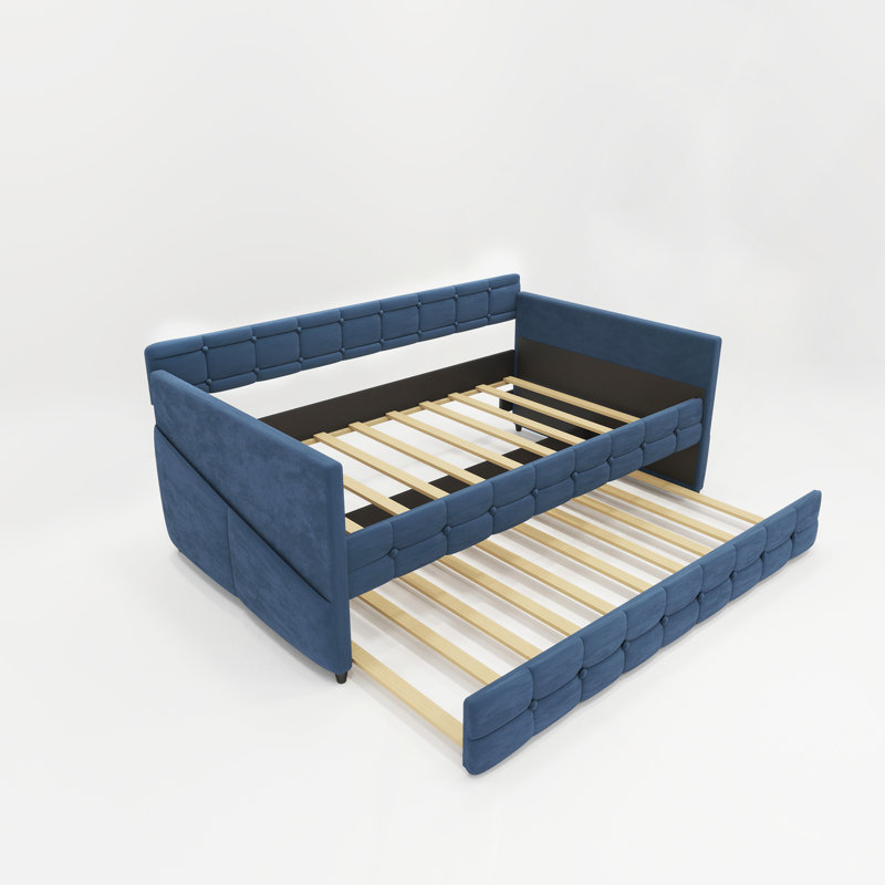 Lit de jour luxueux en velours bleu avec lit gigogne, sans sommier, design confortable et élégant
