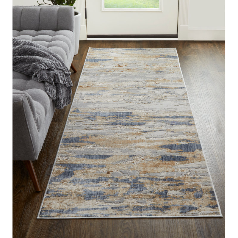 Tapis ivoire / bleu / gris Ossu Corben, Tapis de couloir : 3 pi x 10 pi
