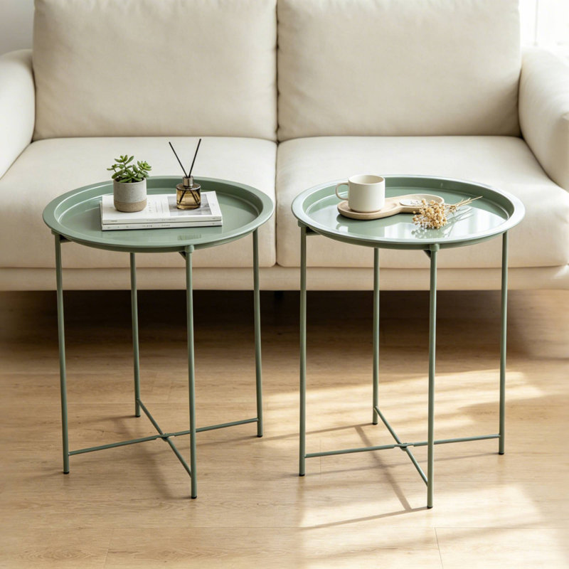 Annaleese Small End Table Set Foldable Tray X-shaped Cross Leg Side Table, Dark Green