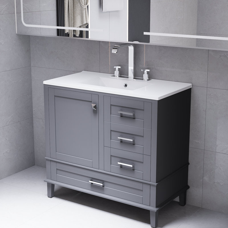 Meuble-lavabo moderne gris 36 po avec cadre en pin massif, 1 porte à fermeture douce et 3 tiroirs, armoire de rangement moderne