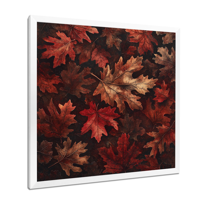 «Red Falling Maple Leaves II», art mural grandes feuilles, Reproduction encadrée d'une seule photo, H 16 po x l 16 po, Blanc