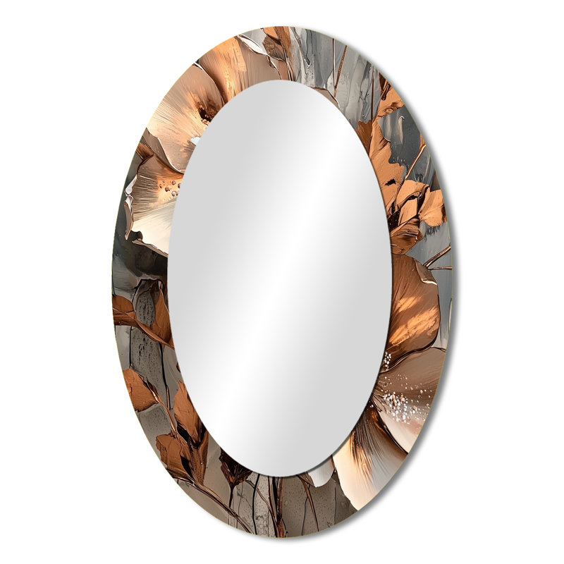 Metallic Copper And Chrome Abstract Flowers I - Modern Oval Wall Mirror, 36" x 24"