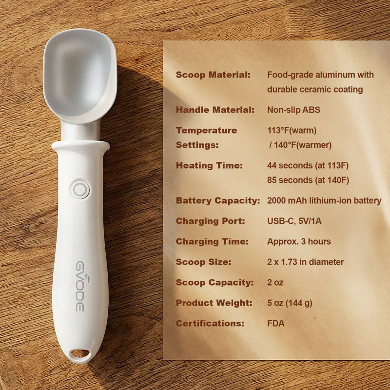 GVODE Electric Heated Ice Cream Scoop - Rechargeable Non-Stick Scooper with Dual Temperature Settings