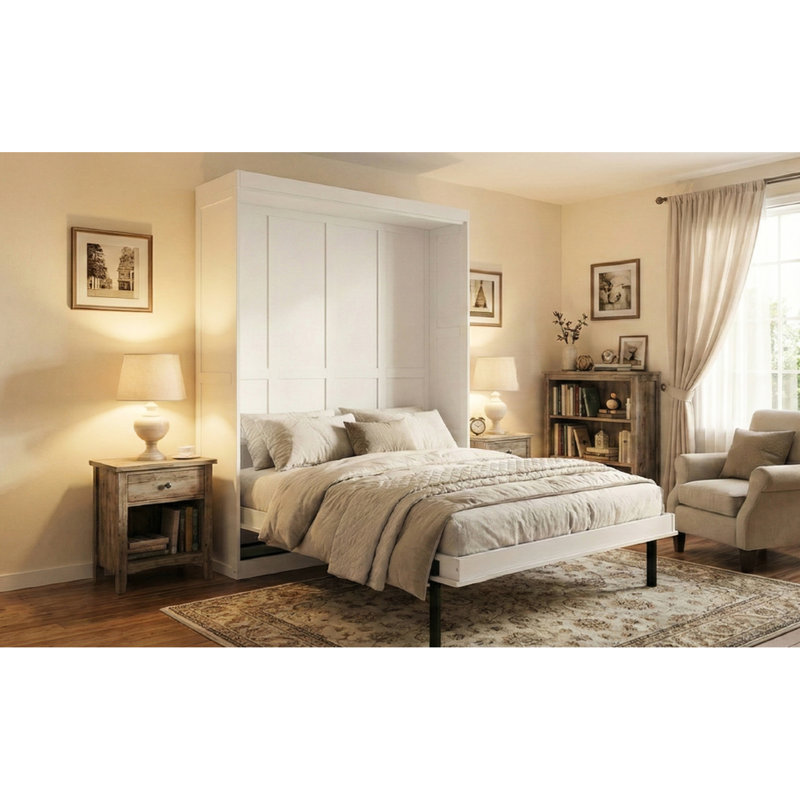 360 Rotating White Queen Bed With Hidden Storage , For Small Rooms, Space - Saving, Modern Look, Frame Saving Bed, White, Multifunctional Home Office And , Smooth Operation,