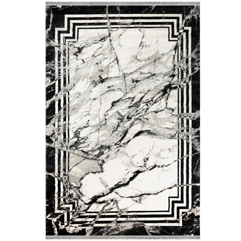 Tapis abstrait en polyester touffeté à la main noir / blanc, Rectangle 5 pi 3 po x 7 pi 7 po