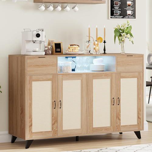 Buffet en rotin, armoire de rangement décorative à 2 tiroirs, console avec 4 portes et table basse avec prise de courant