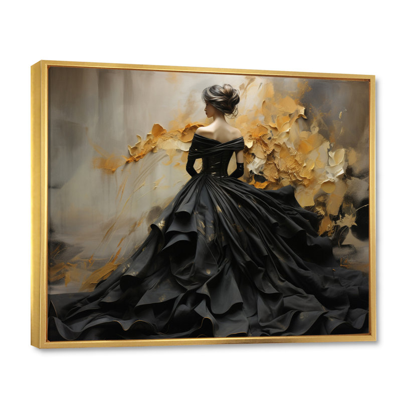 «Fashion Elegance Unveile Gold» - Art mural mode, H 34 po x l 44 po, Doré, Reproduction avec cadre flottant