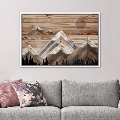 «Western Wood Effect Landscape Sunlight Snowy Mountain Range Sky Nature Wilderness - Floater Frame», impression sur toile