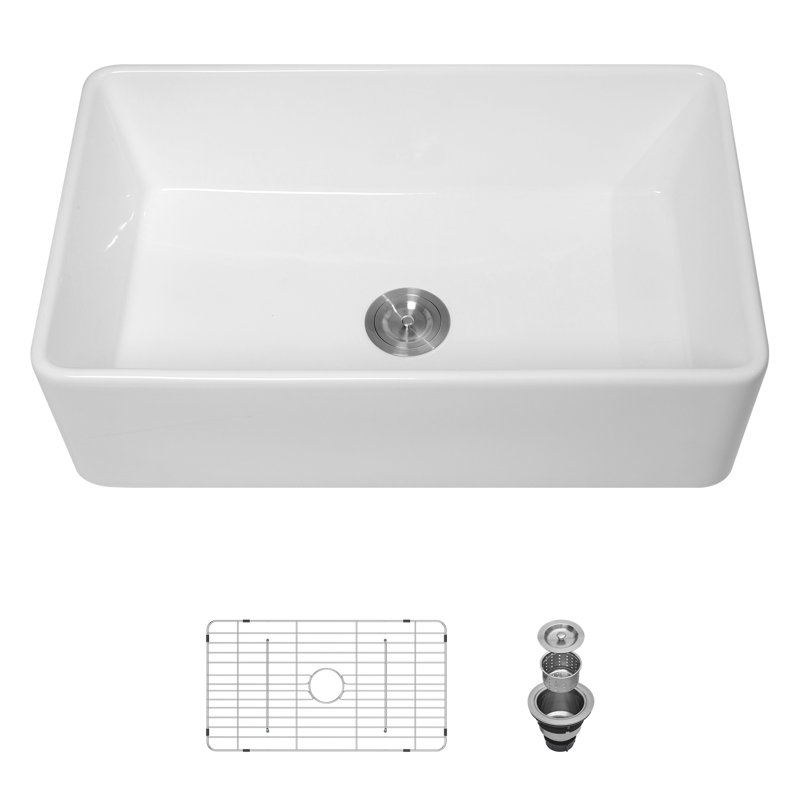 Évier de cuisine en céramique à tablier simple en argile réfractaire à tablier frontal avec grille d'évier et grille à panier L 33 po x l 20 po