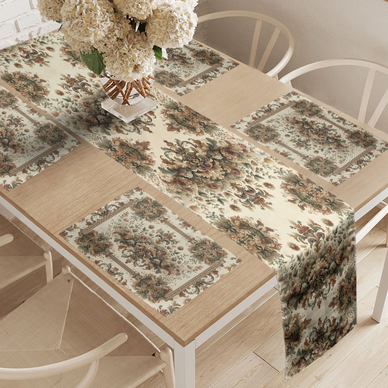 Ethnic Floral Olive Green Sand Brown Table Runner and Placemats Set