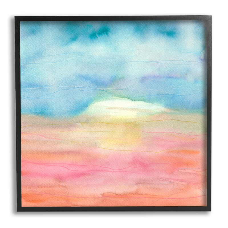 Abstrait aquarelle paysage soleil, Giclée encadrée noir minuit, H 24 po x l 24 po x P 1,5 po