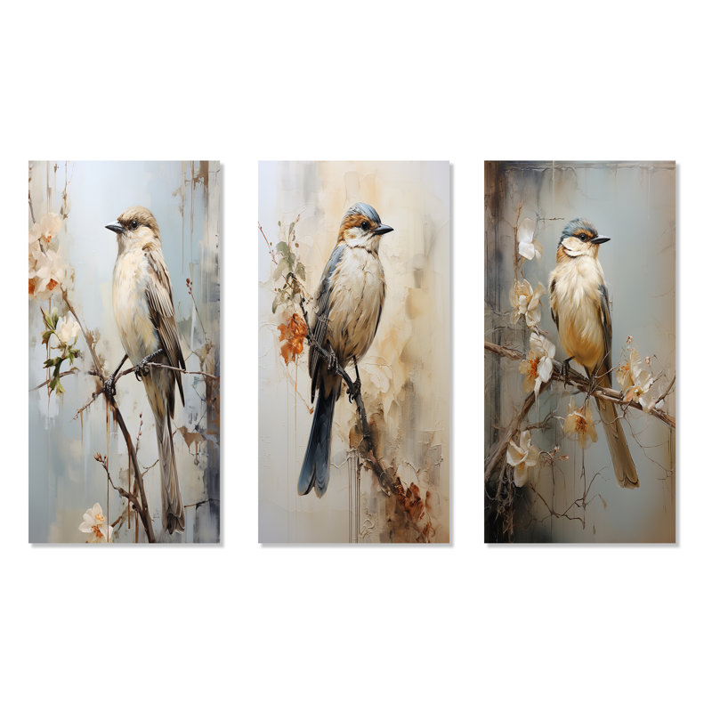 Minimalisme, oiseau beige sur une branche, Toile tendue, H 32 po x l 48 po