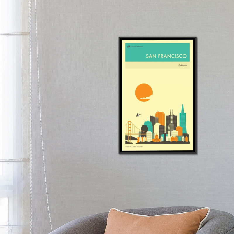 " San Francisco Skyline II " by Jazzberry Blue, 26" H x 18" W x 1.5" D, Black Framed Canvas, No Mat