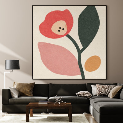 Très grand art mural imprimé floral minimaliste en rose et vert doux pour le salon ou la chambre à coucher - "Assemblage requis du cadre (cadre non fini)"
