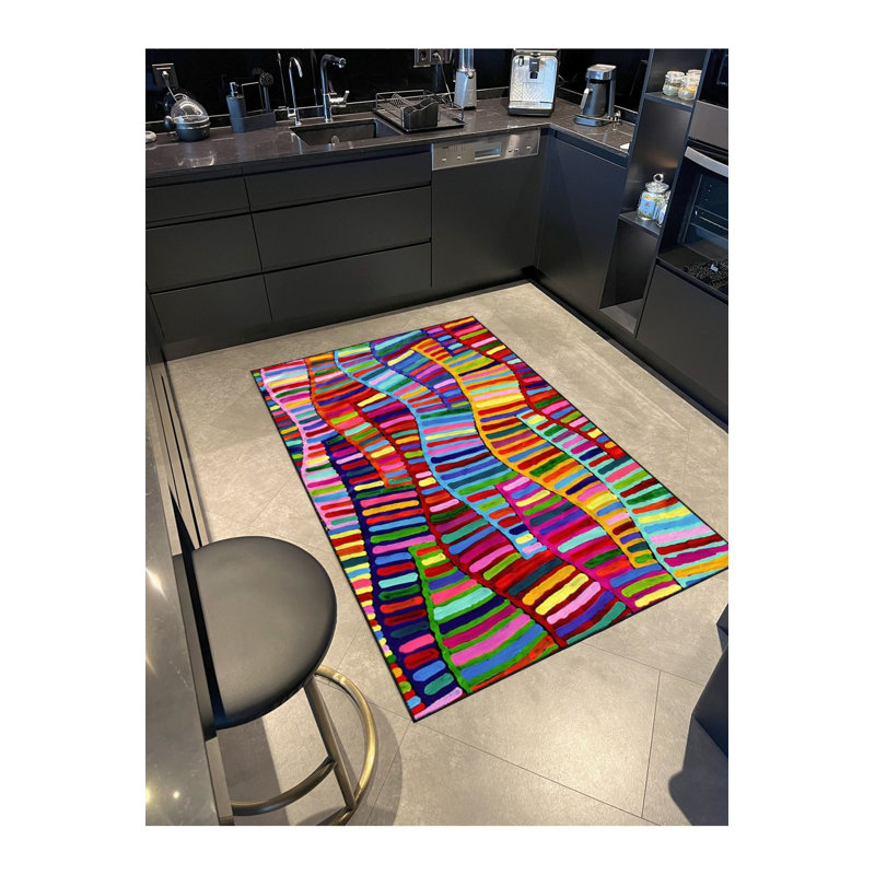 Multi Color Mixed Line Pattern Creative Modern Decorative Machine Washable Area Rug, Square 3'3"