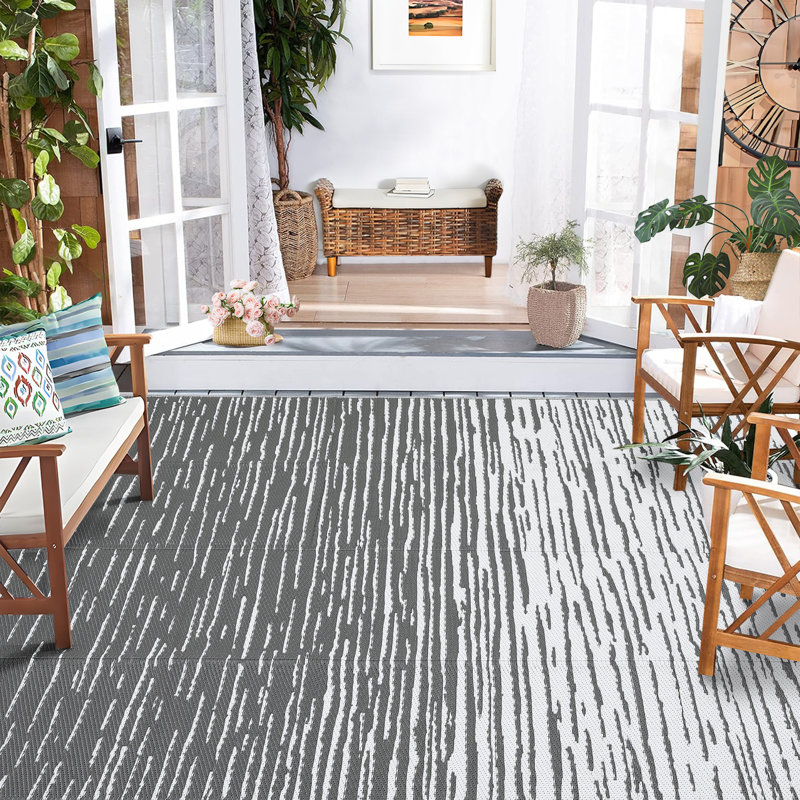 Waterproof Reversible Outdoor Patio Rug 8x10ft – Modern Striped Plastic Straw Mat, UV Resistant, Durable for Backyard, Deck, RV, Camping, Beach, Picnic – Grey White