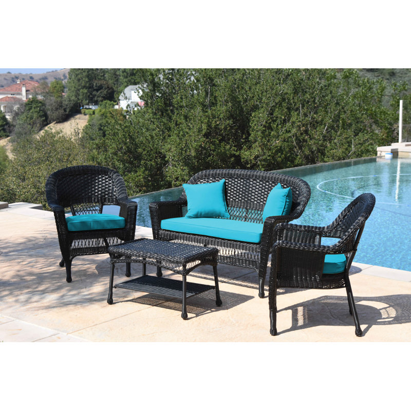 Cecilton 4 Piece Rattan Sofa Seating Group , Black, Sky Blue