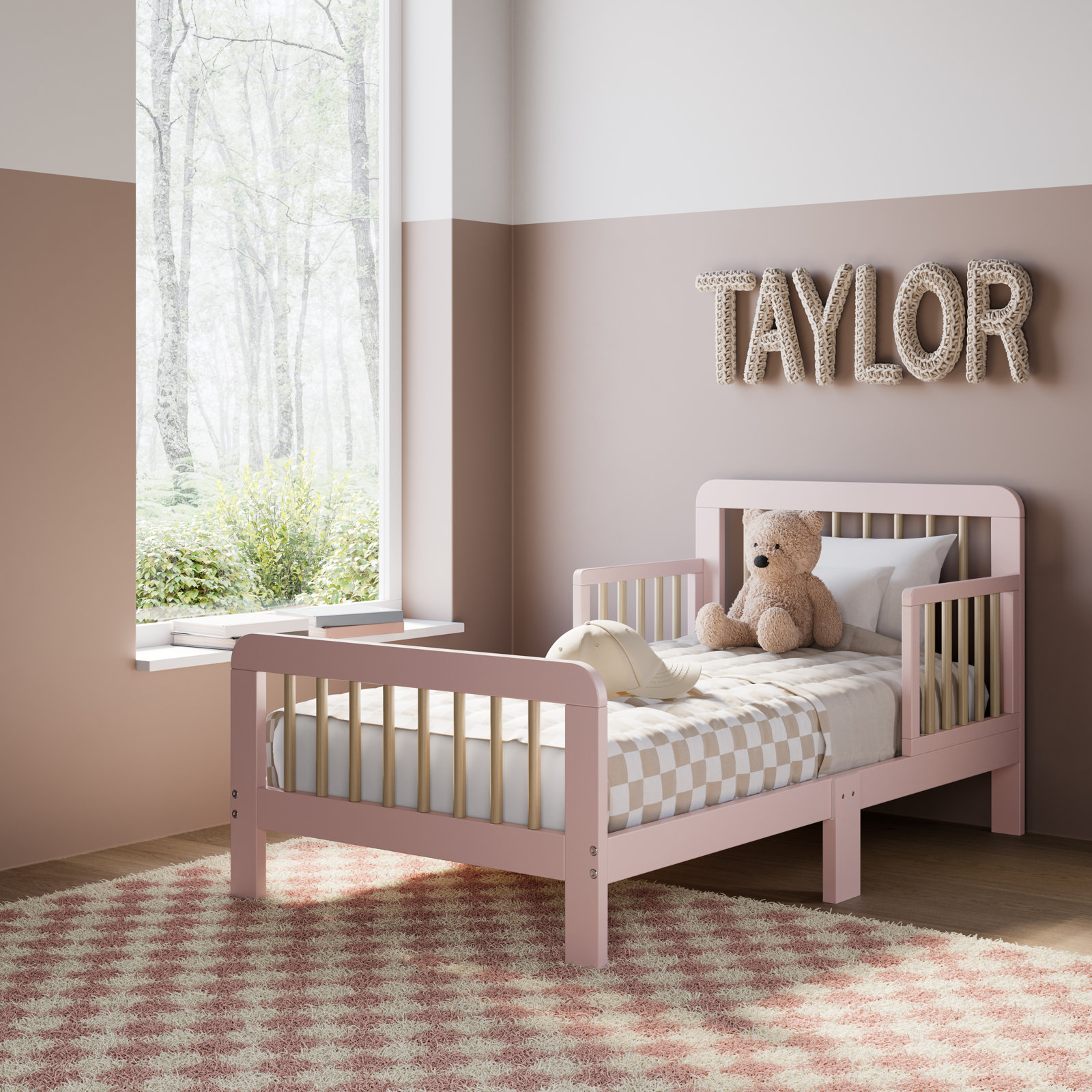 Pasadena Toddler Bed with Guardrails, Blush/Driftwood