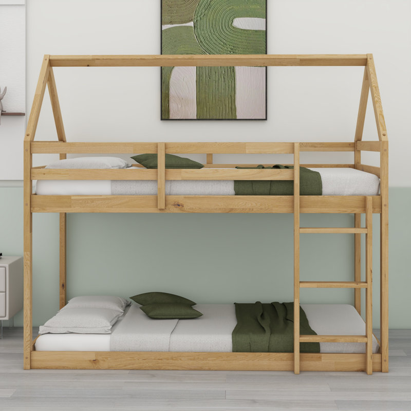 Twin Over Twin House-Shaped Floor Bunk Bed, With Ladder,Guardrails, Natural