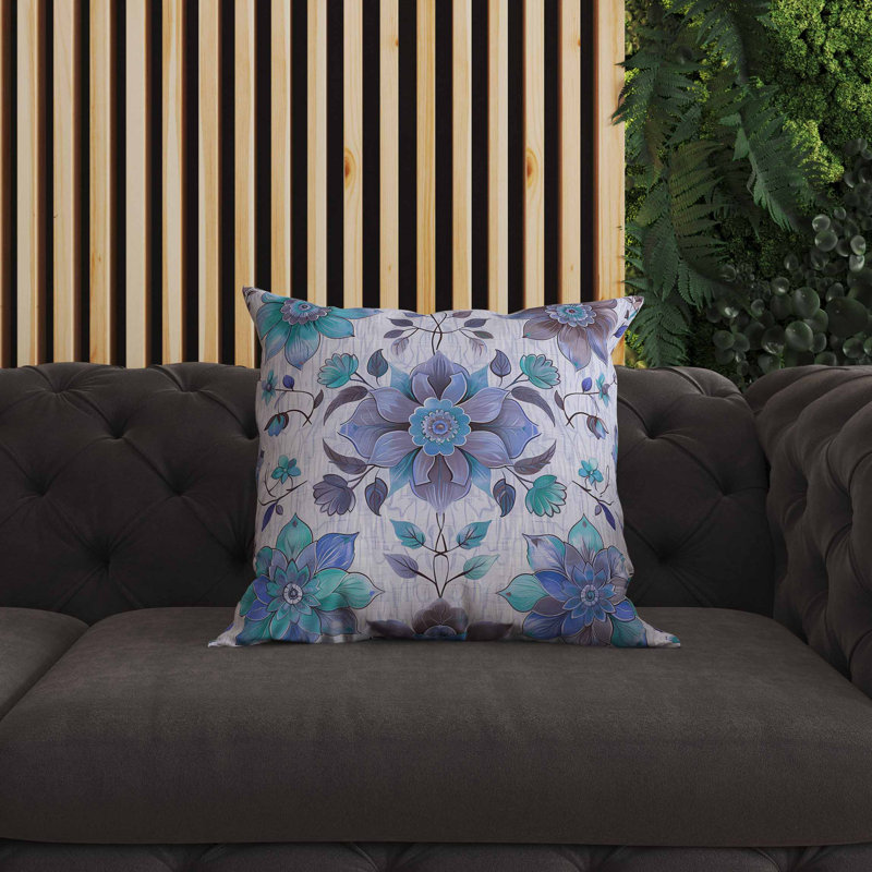 Coussin intérieur / extérieur Retro Floral, Bleu, Carré 16 po