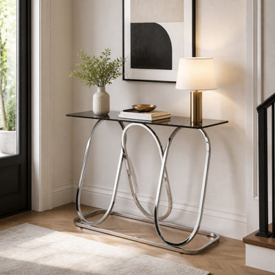Console moderne de 110 cm (43,3 po) en verre trempé gris avec cadre annulaire, fini chromé, idéale pour le salon, l'entrée, le corridor et la chambre, couleur argent.