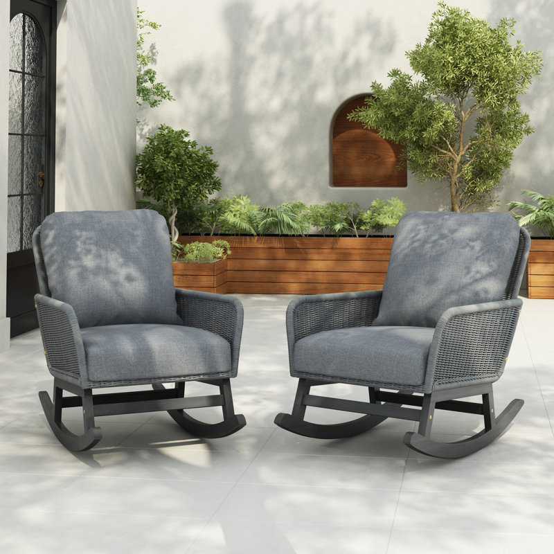 Rashad Modern PE Wicker Rocking Chair With Cushions, Gris, Gris